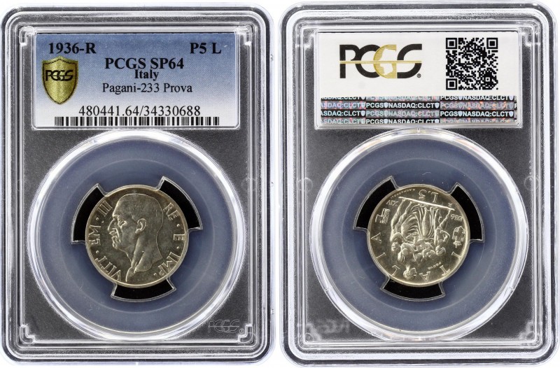 Italy 5 Lire 1936 R PROVA PCGS SP64
Vittorio Emanuele III (1900-1946). Prova in...