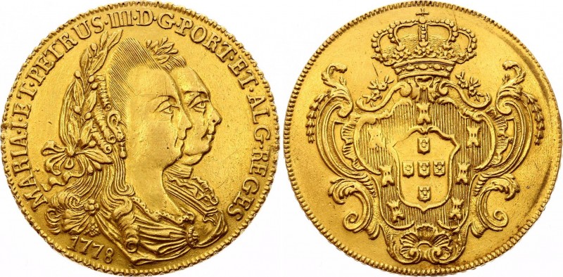 Portugal 6400 Reis 1778 Pesa
KM# 271; Maria I & Pedro III. Gold (.917), 14.3g. ...