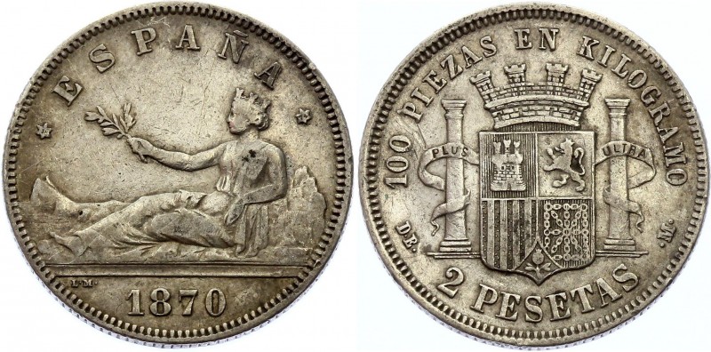 Spain 2 Pesetas 1870 DEM *1874
KM# 654, Cal#10. Provisional Government. Silver,...