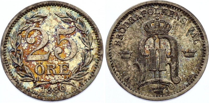 Sweden 25 Ore 1880 EB
KM# 739; Silver, UNC. Attractive multicolor patina. Mint ...