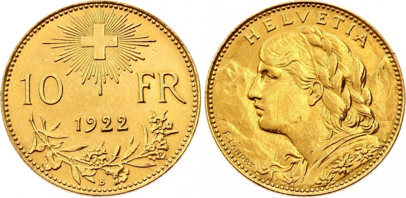 Switzerland 10 Francs 1922 B
KM# 36; Gold (.900), 3.22g. XF