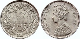 British India 2 Annas 1862
KM# 469; Victoria (1837-1901). Silver, UNC. Rare in this grade.