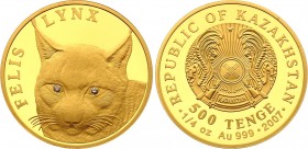 Kazakhstan 500 Tenge 2007
KM# 168; Gold (.999) 7.78g 25mm; Proof; Animals - Lynx; Mintage 5,000; With Box & Certificate