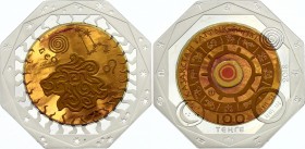 Kazakhstan 100 Tenge 2018 Tantalum
Bi-Metallic Tantalum (.999) 15g Center in Silver (.925) 10g Ring; Total Weight 25g 38.61mm; Zodiac Signs - Leo; Mi...