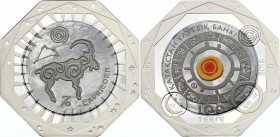 Kazakhstan 100 Tenge 2018 Tantalum
Bi-Metallic Tantalum (.999) 15g Center in Silver (.925) 10g Ring; Total Weight 25g 38.61mm; Zodiac Signs - Caprico...