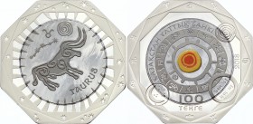 Kazakhstan 100 Tenge 2018 Tantalum
Bi-Metallic Tantalum (.999) 15g Center in Silver (.925) 10g Ring; Total Weight 25g 38.61mm; Zodiac Signs - Taurus;...