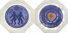 Kazakhstan 100 Tenge 2018 Tantalum
Bi-Metallic Tantalum (.999) 15g Center in Silver (.925) 10g Ring; Total Weight 25g 38.61mm; Zodiac Signs - Gemini;...
