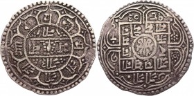Nepal 1 Mohar 1816 -1847
Y# No; Silver 5,4g.; Obverse-Reverse 45 Degrees;Rare; VF+.