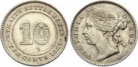 Straits Settlements 10 Cents 1884
KM# 11; Victoria (1837-1901). crosslet "4". Silver, XF.