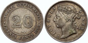 Straits Settlements 20 Cents 1885
KM# 12; Victoria (1837-1901). Mintage 100,000. Silver, XF.