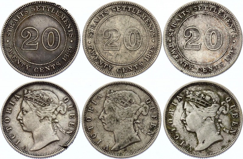 Straits Settlements 20 Cents 1889 , 1893, 1897
Lot of 3 silver coins with not c...