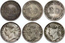 Straits Settlements 20 Cents 1889 , 1893, 1897
Lot of 3 silver coins with not common dates. VF-XF.