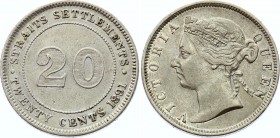 Straits Settlements 20 Cents 1891
KM# 12; Victoria (1837-1901). Mintage 510,000. Silver, XF.