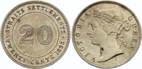Straits Settlements 20 Cents 1893
KM# 12; Victoria (1837-1901). Mintage 310,000. Silver, XF.