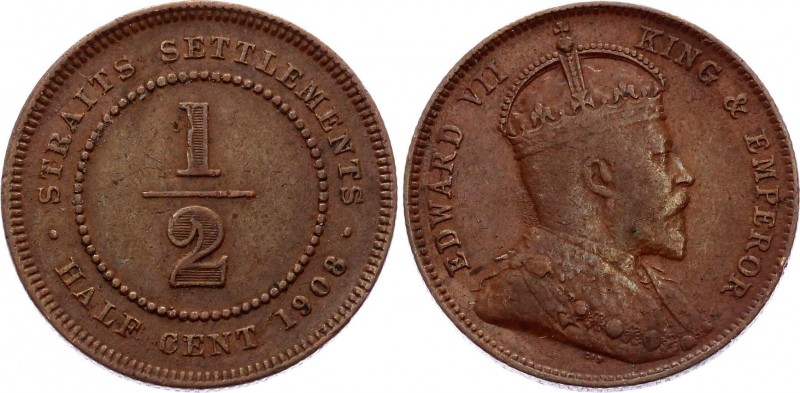 Straits Settlements 1/2 Cent 1908
KM# 14; Edward VII. Copper, XF. Rare coin on ...