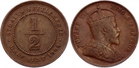 Straits Settlements 1/2 Cent 1908
KM# 14; Edward VII. Copper, XF. Rare coin on practice.
