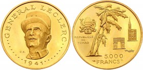 Chad 5000 Francs 1970
KM# 10; 10th Anniversary of Independence. General Leclerc. Gold (.900), 17.5g. Proof.