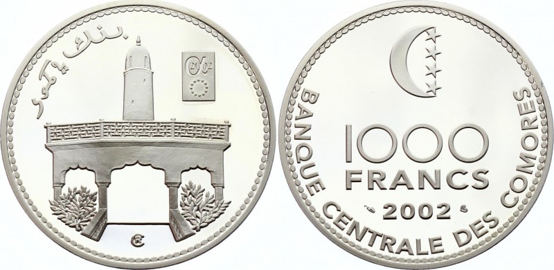 Comoros 1000 Francs 2002
KM# 20; Silver Proof; Mosque of the Sultans; Mintage 5...