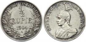 German East Africa 1/2 Rupie 1904 A
KM# 9; Silver; Wilhelm II; XF-