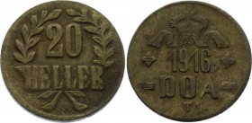 German East Africa 20 Heller 1916 T
KM# 15a; Obverse B and reverse B; Pointed tips on L's; Tabora Emergency Coinage