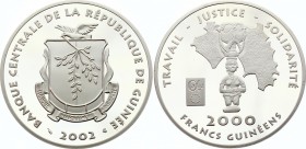 Guinea 2000 Francs 2002
KM# 65; Silver Proof; Map & Female Figure; Mintage 500 Pcs Only!
