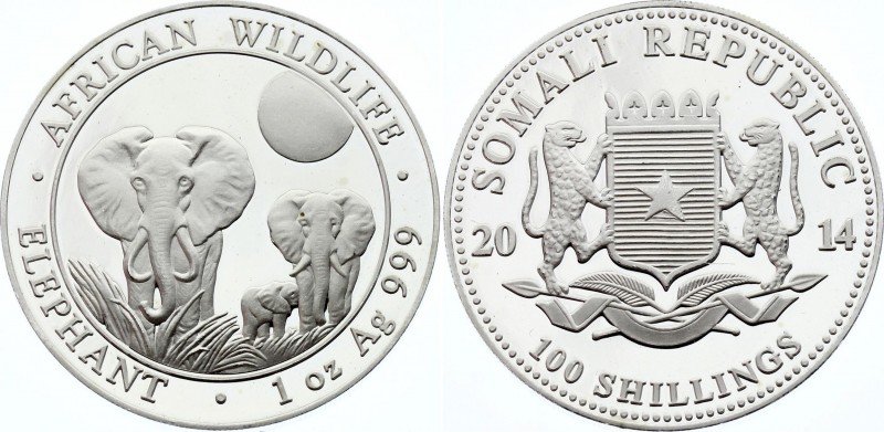 Somalia 100 Shillings 2014
Silver (.999) 31.10g 38.4mm; Wildlife - African Elep...