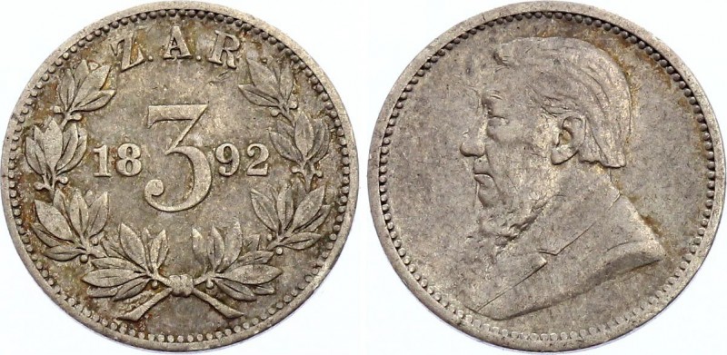 South Africa 3 Pence 1892 ZAR
KM# 3; Silver, VF-XF.