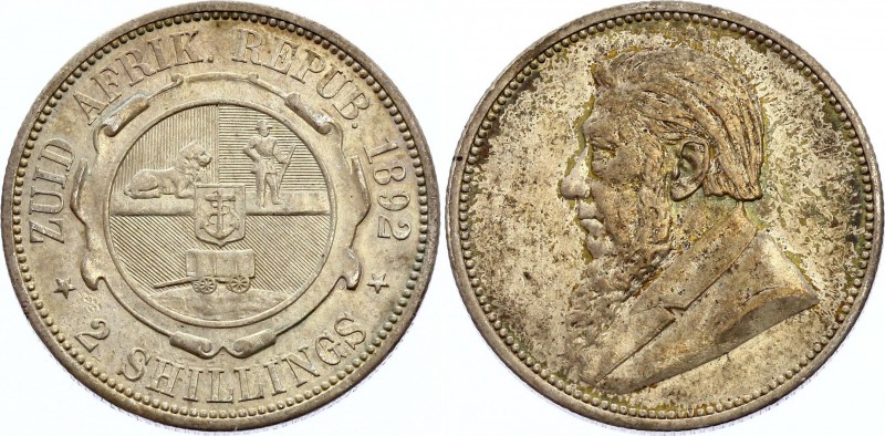 South Africa 2 Shillings 1892 ZAR
KM# 6; Silver, AUNC. Nice toning. Remains of ...