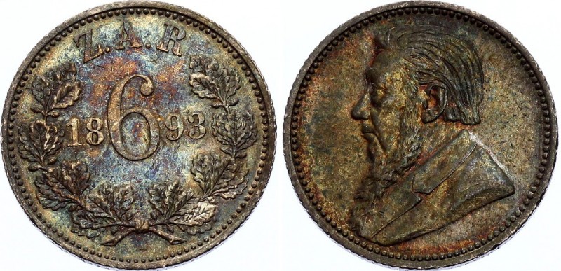 South Africa 6 Pence 1893 ZAR
KM# 4; Silver, AUNC. Nice toning. Remains of mint...