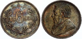 South Africa 6 Pence 1893 ZAR
KM# 4; Silver, AUNC. Nice toning. Remains of mint luster.