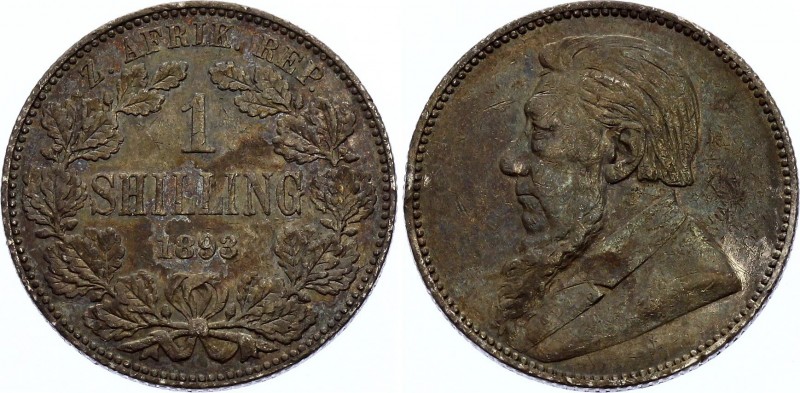 South Africa 1 Shilling 1893 ZAR
KM# 5; Silver, XF. Nice toning. Remains of min...