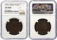 South Africa 1 Penny 1894 NGC AU58BN
KM# 2; Pretoria Mint. ZAR. Mintage 10,769. Rare coin on practice, remains of mint luster.