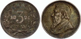 South Africa 3 Pence 1894 ZAR
KM# 3; Silver, XF-AU. Nice toning.
