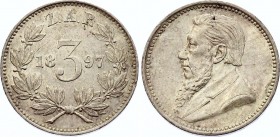 South Africa 3 Pence 1897 ZAR
KM# 3; Silver, AU. Remains of mint luster.