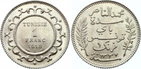 Tunisia 1 Franc 1918 AH 1337 A
KM# 238; Lec# 223; Silver; Muhammad V; BUNC with Amazing Full Mint Luster