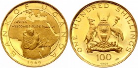Uganda 100 Shillings 1969
KM# 15; Visit of Pope Paul VI. Gold (.900), 13.82g. Mintage 4190. Proof.
