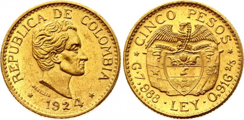 Colombia 5 Pesos 1924
KM# 204; large "4" type. Gold (.917), 7.99g. AUNC, mint l...