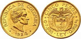 Colombia 5 Pesos 1924
KM# 204; large "4" type. Gold (.917), 7.99g. AUNC, mint luster.