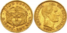 Colombia 10 Pesos 1924 B
KM# 202; Gold (.917), 15.97g. XF.