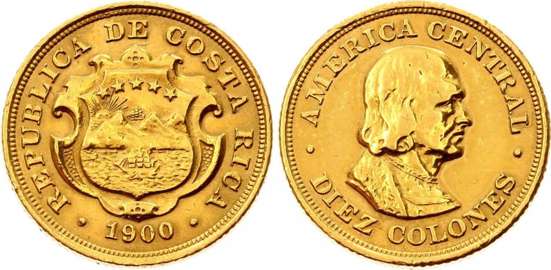 Costa Rica 10 Colones 1900
KM# 140; Gold (.900), 7.78g. XF.