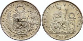 Peru Un Sol 1872
KM# 196.3; Silver, UNC. Rare in this grade.