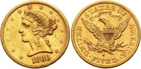 United States 5 Dollars 1880 S
KM# 101; Gold (.900), 8.35g. XF-AU, mint luster remains.