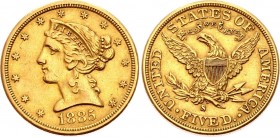United States 5 Dollars 1885 S Error "8 with Tail"
KM# 101; Gold (.900) 8.35g 21.6mm; "Liberty / Coronet Head - Half Eagle" (With motto)