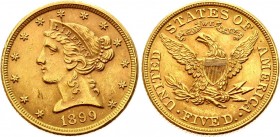 United States 5 Dollars 1899
KM# 101; "Liberty / Coronet Head - Half Eagle" (With motto); Gold (.900) 8.35g 21.6mm