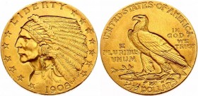 United States 2 1/2 Dollars 1908
KM# 128; Indian Head - Quarter Eagle. Gold (.900), 4.18g. XF.