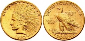United States 10 Dollars 1910 D
KM# 130; "Indian Head - Eagle" (with motto); Gold (.900) 16.71g 27mm