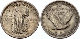 United States 1/4 Dollar 1917
KM# 145; "Standing Liberty Quarter" Stars Below Eagle; Variety 2; XF