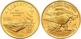 United States 5 Dollars 1995 W
KM# 265; Gold (.900), 8,29g.; Designer: Marvel Jovine and William C. Cousins Obv. Atlanta Stadium and logo Rev. Design...