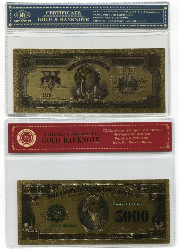 United States Lot of 2 Golden Banknotes
5 Dollars (ND) & 5000 Dollars (ND); Eac...