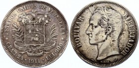 Venezuela 5 Bolivares 1911
KM# 24.2; Silver, VF. Rare.